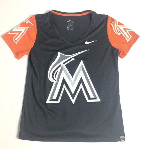 Nike‎ Dri-Fit Women's L Miami Marlins V Neck T Shirt Athletic Casual Tee  C59 - Picture 1 of 6